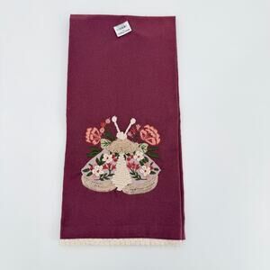 World Market Wine Red Embroidered Floral Moth Kitchen Towel NWT Boho Whimsy cute